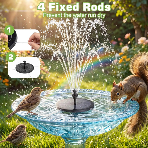 3.5W Solar Fountain Pump With Built In 1500mAh Battery, Bird Bath Fountain With 6 Nozzles in use with bird and squirrel