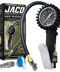 JACO FlowPro tire inflator with pressure gauge, 0–100 psi, black unit with silver lever and hose