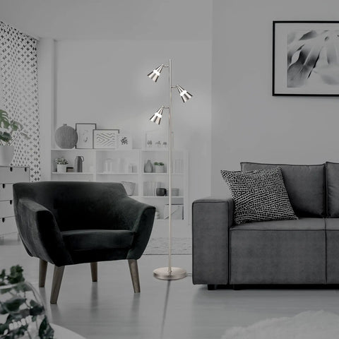 Ash 3 Light LED Tree Floor Lamp With Dimmable Three Head LED Multidirectional Standing Lamp in living room setting with furniture