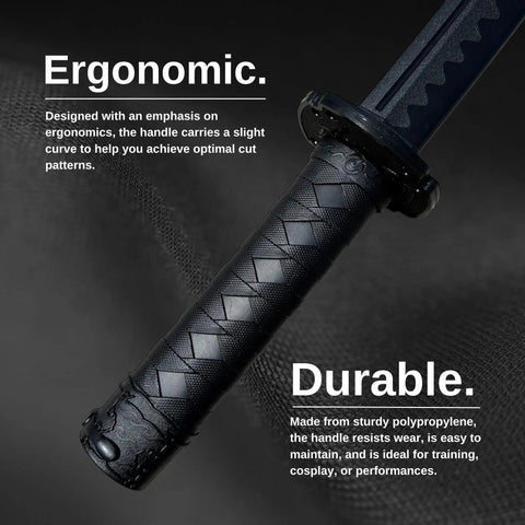 Close-up of handle on Polypropylene Short Practice Samurai Training Sword 24-Inch With Black Saya Scabbard showing ergonomic design.
