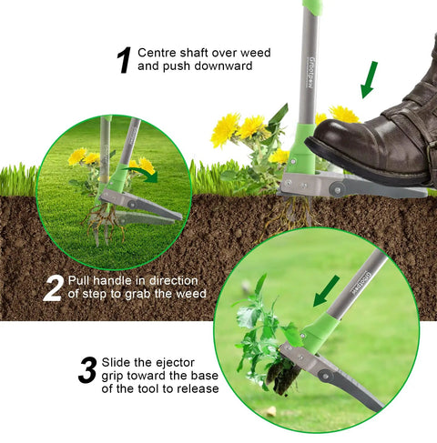 Heavy Duty Stand Up Weed Puller Tool With 40 Inch Handle 3 Claws And Fiberglass Foot Pedal Cast Iron Dandelion Weeder For Easy Weeding Without Bending Or Kneeling Built To Last Like A Boss in use on dandelions