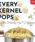 Premium Stainless Steel Stove Top Popcorn Maker With Patented Stirring Gears For Quick Home Movie Night Treats That Hit Different Like Fresh Theater Grade Buttered Popcorn, filled with popped corn.