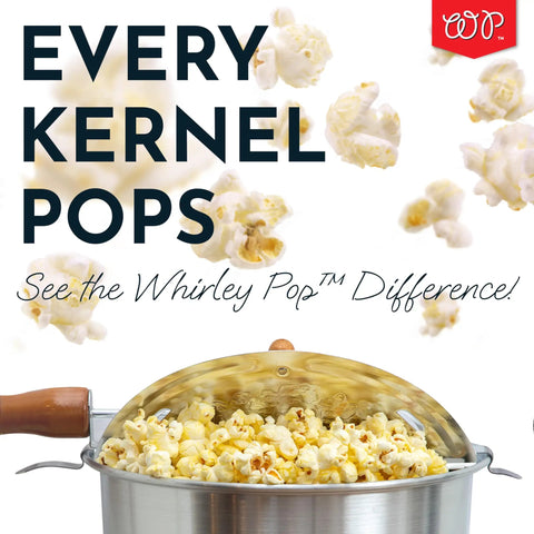 Premium Stainless Steel Stove Top Popcorn Maker With Patented Stirring Gears For Quick Home Movie Night Treats That Hit Different Like Fresh Theater Grade Buttered Popcorn, filled with popped corn.