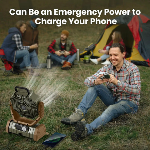 Man using 30000mAh Camping Fan With LED Lantern, Rechargeable Oscillating Tent Fan With Remote at campsite near tent