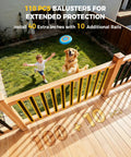 Hella Sturdy 110 Pcs 32 Inch Rectangular Iron Deck Balusters Straight Railing Spindle Kit with a child and dog in a yard.