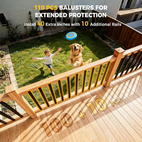 Hella Sturdy 110 Pcs 32 Inch Rectangular Iron Deck Balusters Straight Railing Spindle Kit with a child and dog in a yard.