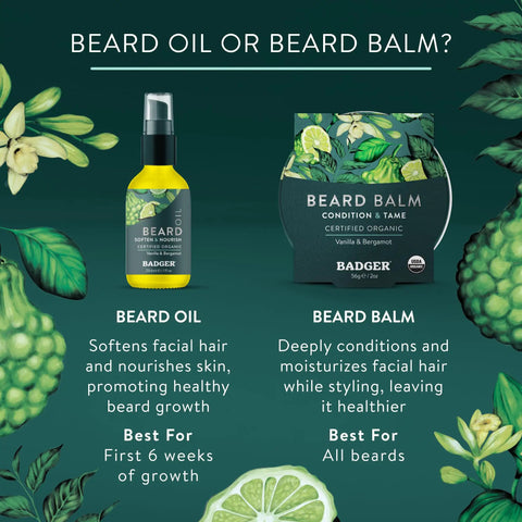 Comparison of beard oil and balm with packaging. Organic Babassu and Jojoba Beard Oil with Pomegranate for Healthy Growth Non Greasy Lightweight Formula for Dry Skin and Long Beards Facial Hair Oil 1 Fl Oz Glass Bottle.