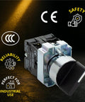 Rotary Switch With 2-Position Maintained Selector No NC Latching, 22mm Panel Mount, 220VAC 10A, built tough, CE marked