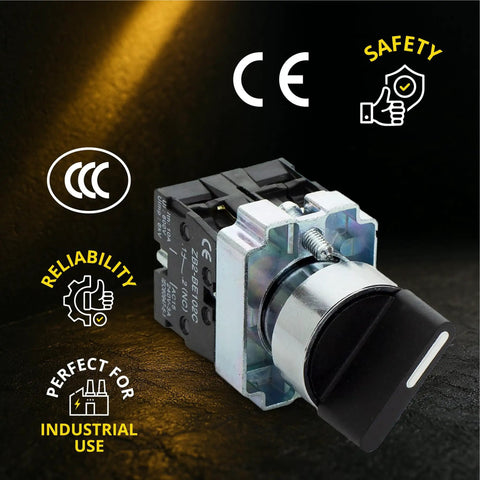 Rotary Switch With 2-Position Maintained Selector No NC Latching, 22mm Panel Mount, 220VAC 10A, built tough, CE marked