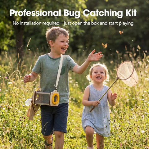 Children using Wooden Bug Catcher Kit For Kids 3 To 8 Ten Piece Durable Outdoor Explorer Set With Magnifying Glass Butterfly Net