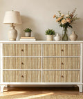 Super Slick Peel And Stick Grasscloth Wallpaper With Dead Simple Self Adhesive Backing For Modern Accent Walls And Apartment Rentals In Earthy Beige Tan Hues on a dresser.