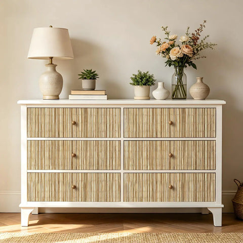 Super Slick Peel And Stick Grasscloth Wallpaper With Dead Simple Self Adhesive Backing For Modern Accent Walls And Apartment Rentals In Earthy Beige Tan Hues on a dresser.