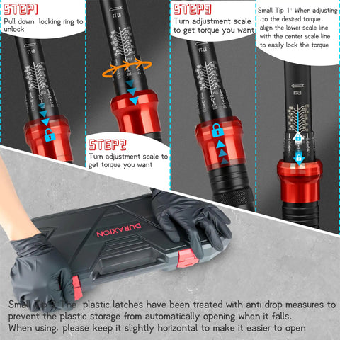 Nine Piece Torque Wrench Set With Dual Range Click Wrenches In One Quarter, Eighths, And One Half Inch Drive with case