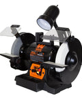 Rock Hard Bench Grinder With Eight Inch Grinding Wheels And A Snappy Variable Speed Motor That Gives You Dead Nuts Control For Sharpening Blades Or Smoothing Metals Plus Integrated LED lamp and quick coolant tray.