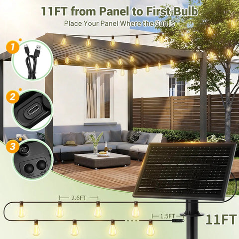 200Ft Solar String Lights Outdoor Waterproof With 72 LED Bulbs Plus 2 Spares, Remote And USB Port, garden setup
