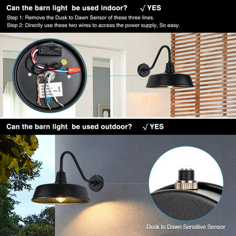 Gooseneck Barn Lights Outdoor Fixture 15 Inch Farmhouse Style Black Exterior Sconce Wall Light For Front Door Porch Garage With Dusk To Dawn Sensor And Weatherproof Design, showcased with installation details and sensor close-up.