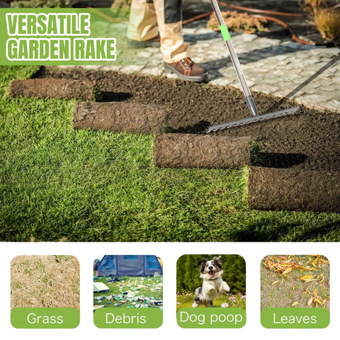 Adjustable Bow Rake with 14 Tines in use on grass, 13.7 inch metal head, telescoping 30.5 to 57 inch reach for versatile garden tasks
