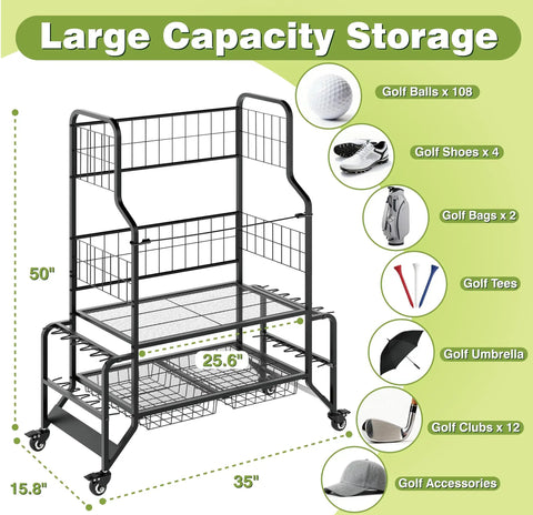 All In One Golf Bag Storage Organizer For Garage Or Shed Double Bag Stand With Extra Wide Shelves Fits Two Full Size Bags Plus Shoes Balls Clubs And Accessories Heavy Duty Golf Gear Rack with large capacity storage and swivel wheels