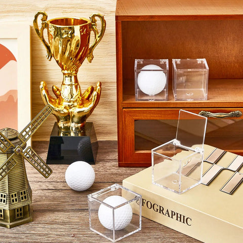 Nine Piece Golf Ball Display Cubes Set, Clear Acrylic Ball Stands For Memorabilia And Baseball Collectibles showing golf balls