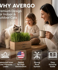 Indoor Cat Grass Kit With Four Seed Packets, Wooden Planter, Coconut Coir Soil Discs, And Mini Tools on table with cat