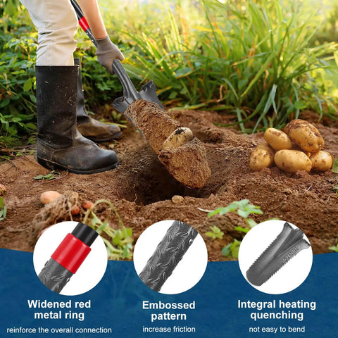 Person using Heavy Duty Drain Spade With Narrow Serrated Blade For Cutting Roots And Digging, 44 Inch Garden Shovel shown digging soil.