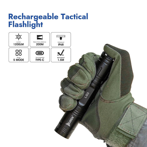 Gloved hand holding Beefy 1200 Lumens Rechargeable Tactical Flashlight with IP68 waterproof build and 200 meter beam.
