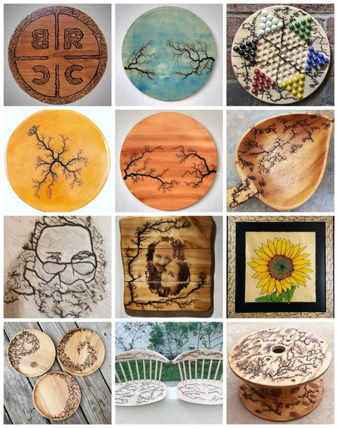 High Voltage Fractal Wood Burning Kit creations with Lichtenberg patterns on various wooden art pieces, showcasing intricate burns.