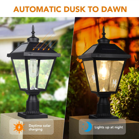 Sun Powered Dusk To Dawn Solar Post Light with Base Bright LED Lamp for Easy Install, Weatherproof for Yard and Pathways