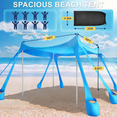 Pop Up Beach Canopy Sun Shelter With UPF Fifty And Ten By Ten Foot Coverage, windproof frame, eight sandbags in sky blue on beach