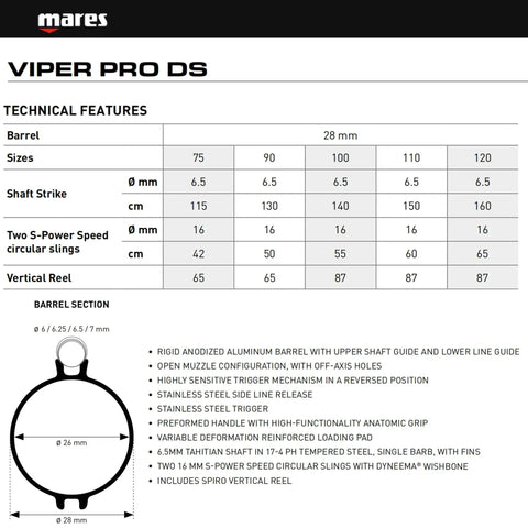 Technical details of Beast Mode Viper Pro DS Speargun, showing dimensions, barrel section, and features for precision stability.