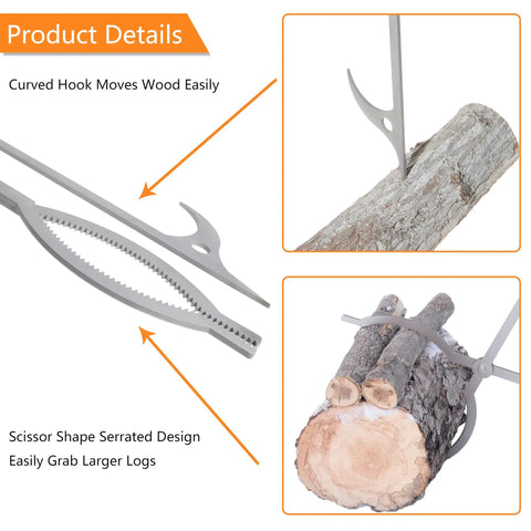 40 Inch Stainless Steel Fire Tongs And Poker Set For Outdoor Fire Pit Bonfire Campfire Backyard Deck And Indoor Fireplace Use, Serrated Log Claw Tongs For Easy Wood Handling, Safe Gripping, Durable Backyard Boss Must Have showing serrated tongs handling logs.