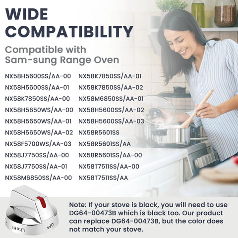 Wide compatibility chart for Upgraded DG64-00473A Burner Stove Knob Set For Samsung Gas Range Ovens and woman cooking