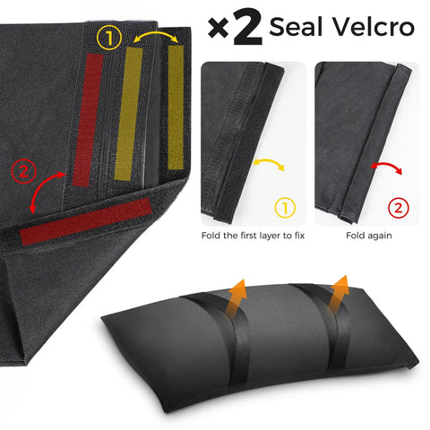Heavy Duty 200 Lb Sandbag Weight Set For Outdoor Umbrella Bases showing Velcro seal and folding instructions