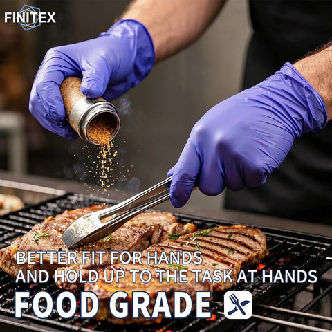 Chef wearing Ice Blue Nitrile Exam Gloves 3.2mil Thick 1000 Count Powder Free Latex Free Medical Grade Gloves for food prep.