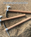 Heavy Duty Gardening Pick Axe With Wooden Handle And Stainless Steel Mattock showcased on stone surface.