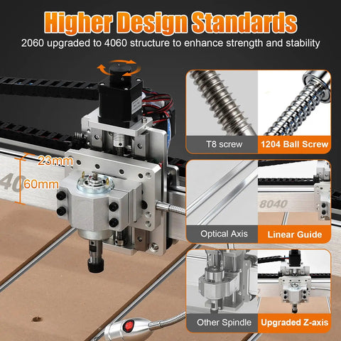 Close-up of CNC Router Kit 800x400mm Three Axis Milling And Engraving System with 300W spindle, ball screws, and linear guides