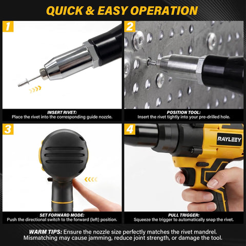 Real Deal Brushless Cordless Rivet Gun Built Tough For Pro Contractors Who Want A Smooth Operator Power Tool demonstrating quick operation steps.