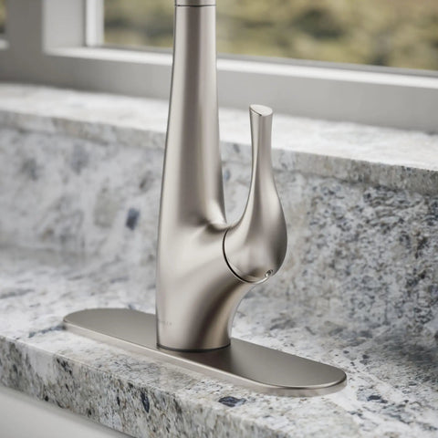 Top Shelf Pull Down Kitchen Sink Faucet With Smooth Glide Retractable Hose And Dual Function Sweep Sprayhead, close-up view on counter.