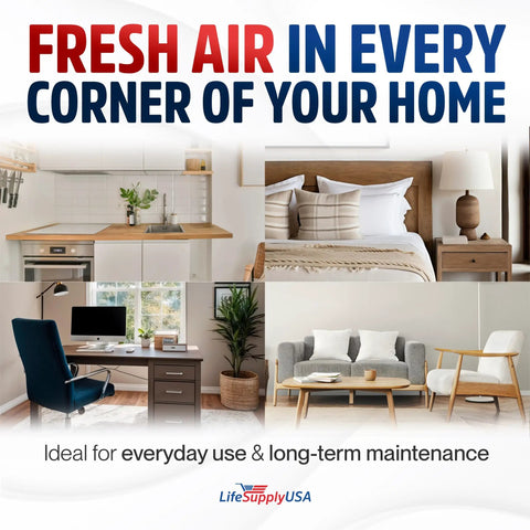 Four room scenes illustrating indoor air quality boost with "Activated Carbon Folding Filter Replacement For Pro M Pro L And Pro XL Air Purifiers Easy Install Traps Odors And VOCs Non OEM Budget Friendly Indoor Air Quality Boost" for fresh air in home.
