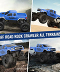 Ford Raptor F150 4x4 RC Car Monster Truck For Kids, 1:18 Scale Off Road Crawler in blue, driving on rocky terrains