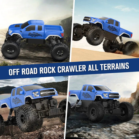 Ford Raptor F150 4x4 RC Car Monster Truck For Kids, 1:18 Scale Off Road Crawler in blue, driving on rocky terrains