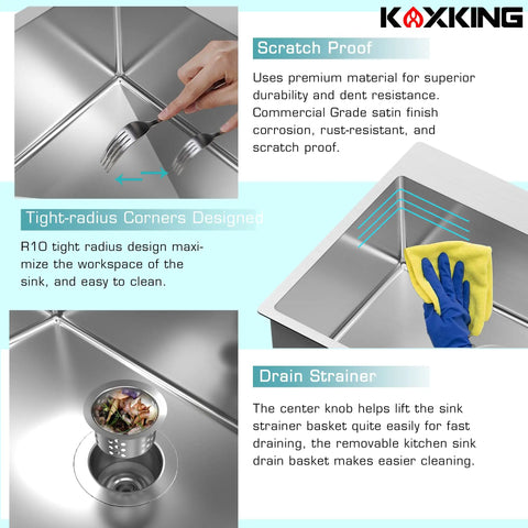 33x22 Drop In Kitchen Sink With 18 Gauge T304 Stainless Steel Top Mount Single Bowl 9 Inch Deep Basin Includes Bottom Grid And Drain Assembly Built To Last Rust Proof Brushed Nickel Finish with detailed features including scratch proof surface, tight-radius corners, and drain strainer.