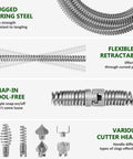 Badass Heavy Duty Drain Snake And Auger With Drill Attachment Plumbing Tool 9.8Ft galvanized steel spring with snap-in cutter heads
