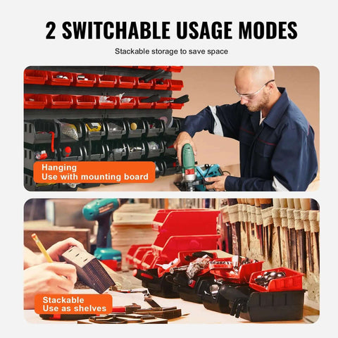 48 Bin Wall Mounted Storage Bins Rack Organizer For Garage And DIY Shop Tools in hanging and stackable modes