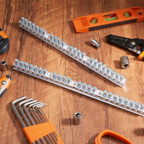 2 Pack Ground Bar Kit With 23 Terminal Positions For Safe Electrical Connections Includes Mounting Screws And Easy Install Plug N Play Ready For Distribution Boards And Electrical Panels. Aluminum grounding bars shown with screws