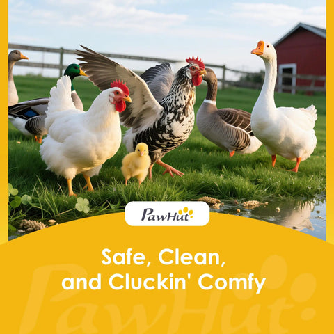 Farmyard scene with chickens, a duck, and a goose near a pond, promoting PawHut’s poultry products. Text reads 'Safe, Clean, and Cluckin' Comfy.'