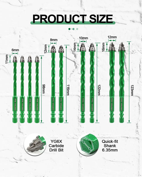 KURSTOL 10‑pc serrated masonry drill bit set, green carbide bits in 1/4, 5/16, 3/8 and 1/2 in sizes