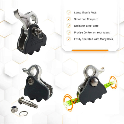 Arborist Rope Brake And Fall Arrestor With Rubberized Cover And Removable Cam Lock, Lightweight, Fits Seven Sixteen to Five Eighth Inch Rope.