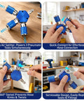 Quarter Inch NPT 3 Way Air Hose Splitter with Quick Connect Fittings in a workshop setting