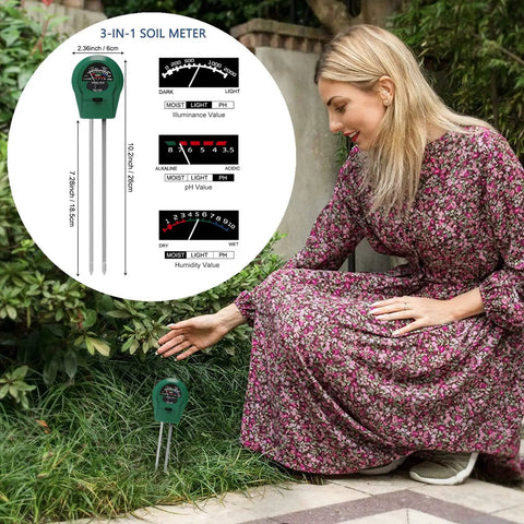 Woman using 3 In 1 PH TDS EC Soil Moisture Meter Kit With Temperature Probe High Accuracy Digital Tester in garden